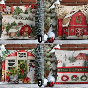 Red Christmas Barn Pillow Cover, Red Winter Farmhouse Cushion Cover, Cozy New Year Pillow Case, Rustic Home Decor, Any Size, 16x16, 18x18