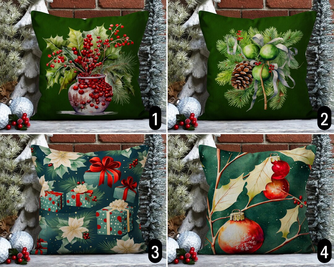 Green Red Christmas Pillow Cover, Pine Cone & Red Berry Cushion Cover ...