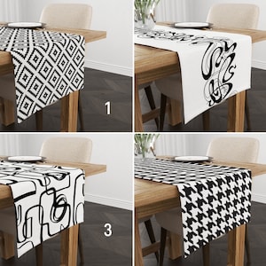 May include: Four different black and white table runners with geometric patterns. The table runners are displayed on wooden tables with chairs. The table runners are numbered 1 through 4.