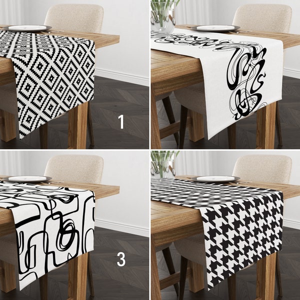 Abstract Black & White Table Runner, Modern Contemporary Kitchen Runner, Geometric Houndstooth Runner, Unique Dining Room Decor, Boho Decor