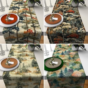 Forest Table Runner, Trees Design Kitchen Runner, Woods & Jungle Pattern Tablecloth, Boho Green Dinner Table Decor, Farmhouse Decor,Any Size