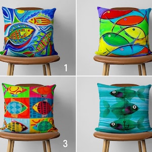 Bunter Fisch-Kissenbezug, lebendiger Küstenkissenbezug, nautischer, lebendiger Marine-Kissenbezug, 18x18, 20x20, dekorativer Kissenbezug