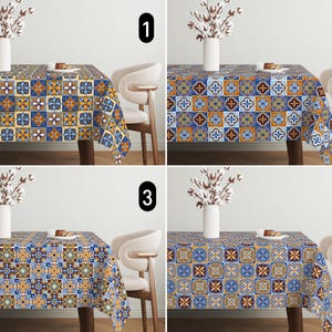 May include: Four images of a table with a blue, yellow, and orange patterned tablecloth. The tablecloth has a geometric design reminiscent of Spanish tiles. Each image shows a different angle of the tablecloth.