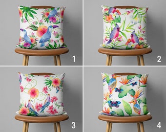 Colorful Tropical Birds & Flowers Pillow Cover, Bird of Paradise Hibiscus Parrot Animal Pillow Cover, Vivid Summer Cushion Cover, Euro Sham
