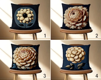 Taie d'oreiller lombaire fleurs beiges sur bleu, peinture à l'huile floral bleu foncé, housse de coussin fleuri, toutes les tailles personnalisées