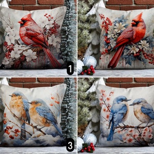 Roter Kardinal & Östlicher BlueBird Kissenbezug, kleine süße Vögel auf Baum Kissenbezug, Weihnachtskissenbezug, Winterurlaub Dekor, jede Größe