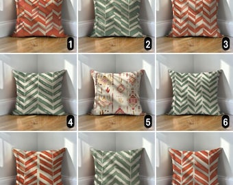 Green Orange Zigzag Abstract Pillow Case, Boho Mid Century Modern Cushion Cover, Any Size
