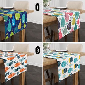 Minimalist Fish Design Table Runner, Nautical Tropical Table Runner, Coastal Marine Life Tablecloth, Dining Room Decor, Any Custom Size