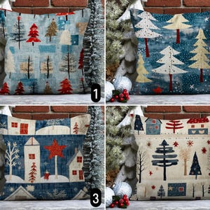 Federa per cuscino con paesaggio invernale rustico, pini innevati e paesaggio del villaggio, federa per cuscino con stampa digitale patchwork blu rosso beige