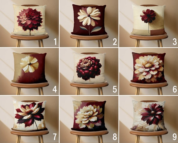 Maroon Floral Luxury Throw Pillow Cover, Big Claret Red Flowers Accent Pillow Case, Handmade Burgundy Cushion Cover, Living Room Decor,18x18