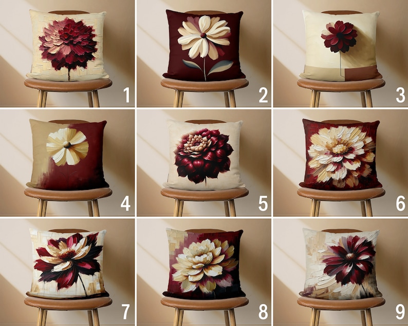 May include: Nine decorative throw pillows with floral designs. The pillows feature a combination of burgundy, cream, and beige colors. The pillows are arranged in three rows of three, with each pillow on a wooden chair.