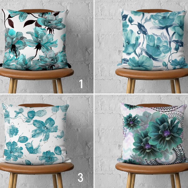 Turquoise & Teal Flowers Pillow Case, Aqua Color Floral Cushion Cover, Personalized Throw Pillow Cover, Handmade Pillow, 20x20 18x18 16x16