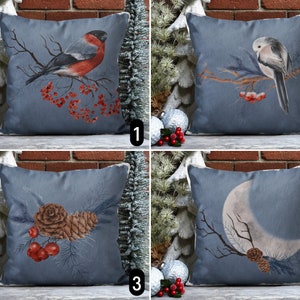 Simpatici uccelli su copertura per cuscino con bacche di pino, copertura per cuscino con piccoli uccelli e pigne di pino, federa per cuscino per le vacanze invernali, regalo di Natale, 14x14 16x16