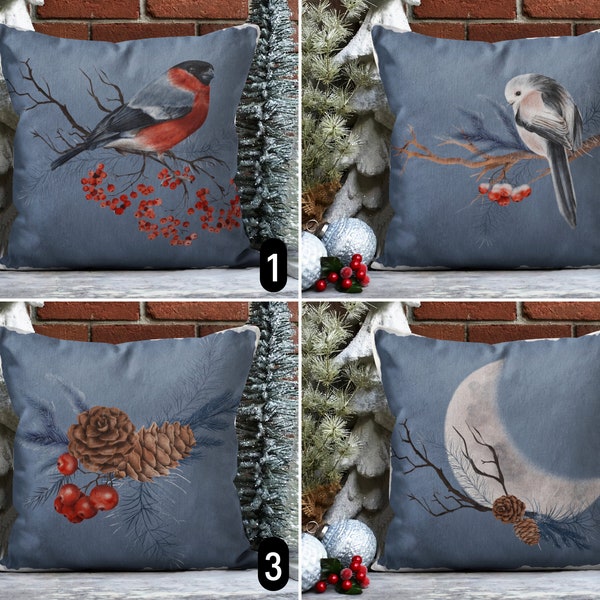 Cute Birds on Pine Berries Pillow Cover, Small Birds & Pine Tree Cones Cushion Cover, Winter Holiday Pillow Case,Christmas Gift, 14x14 16x16
