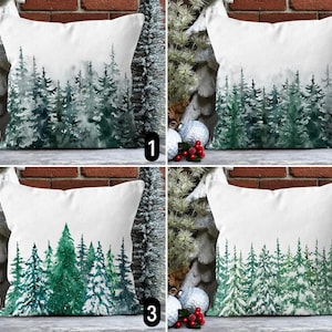 Federa per cuscino con motivo foresta di pini, federa per cuscino con motivo bosco sempreverde invernale innevato, federa per cuscino verde per le feste di Natale, arredamento rustico per la casa