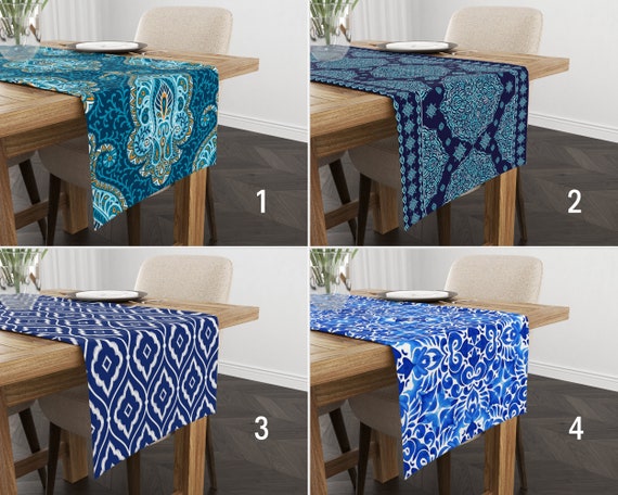 Blue Ethnic Design Table Runner, Islamic & Ikat Pattern Kitchen