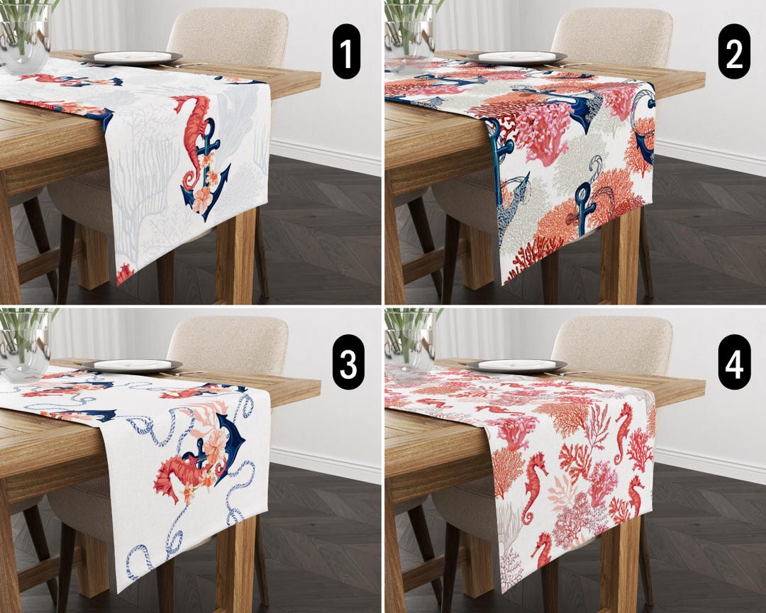 Seahorse Anchor Coral Table Runner, Nautical Ropes & Marine Life Runner ...