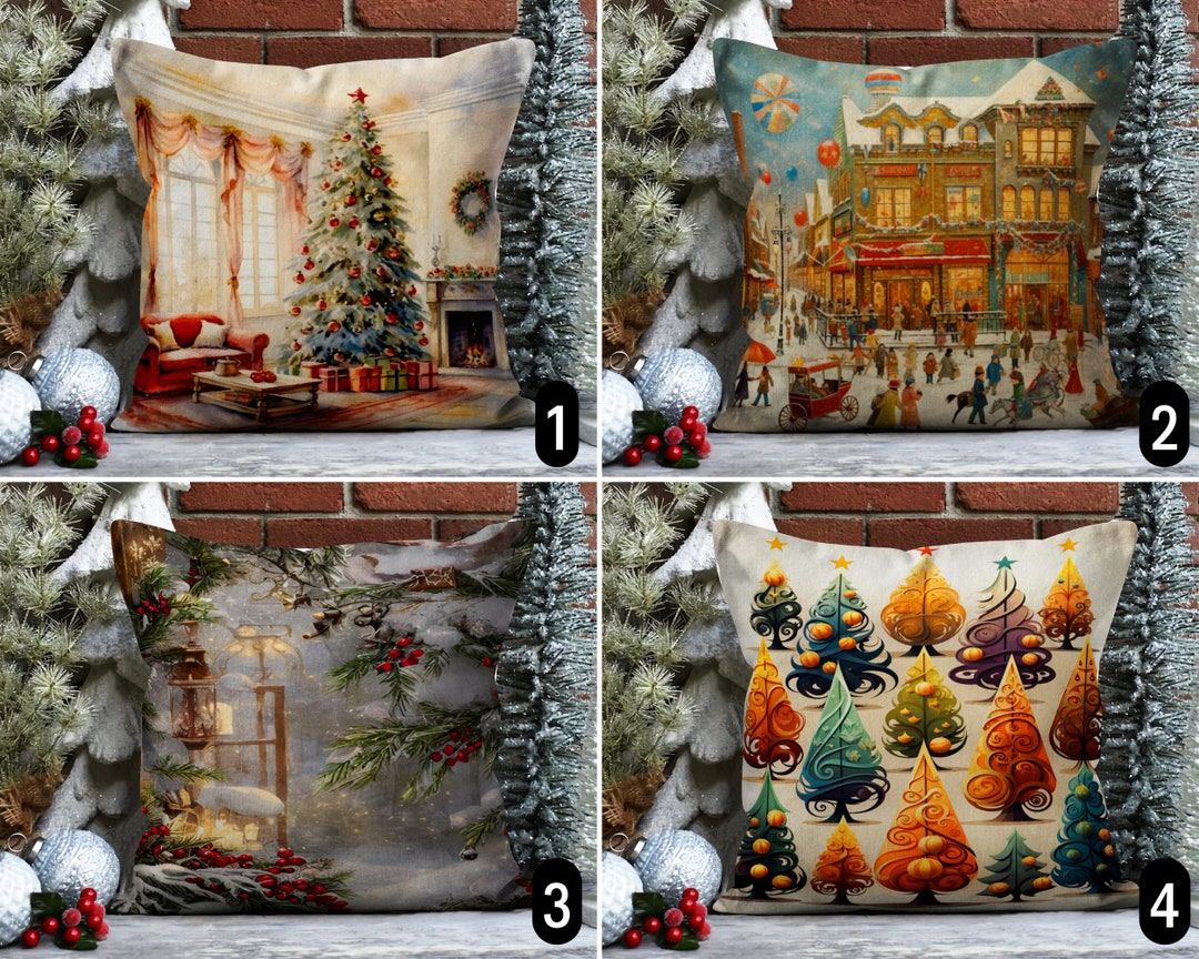 Cozy Winter Painting Pillow Cover, Christmas Pine Tree Cushion Cover ...