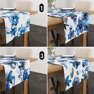 Blauer Aquarell Blumen Tischläufer, Floral Abstrakte Moderne Zeitgenössische Tischläufer, Boho Elegante Tischdecke, Esszimmer Dekor,Alle Größen