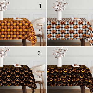 Könnte beinhalten: Vier verschiedene Halloween-Tischdecken mit verschiedenen Kürbisdesigns. Die Tischdecken sind schwarz und orange mit einem karierten Muster, schwarz und orange mit einem Kürbis-Muster, schwarz mit einem orangefarbenen Kürbis-Muster und schwarz mit einem weißen Kürbis-Muster.