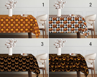Halloween Carved Pumpkin Tablecloth, Orange Black Jack o'lantern Tablecloth, Check Pattern Tablecloth, Dining Room Decor, Halloween Gift