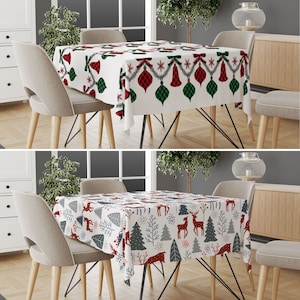 Kerstversieringen en tafelkleed herten, tafelkleed van grenenhout, tafelkleed vreugdevolle vakantie, decor winterhuis, rustiek kerstcadeau