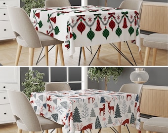 Christmas Ornaments & Deers Tablecloth, Pine Woodland Table Cover, Joyful Holiday Tablecloth, Winter House Decor, Rustic Christmas Gift
