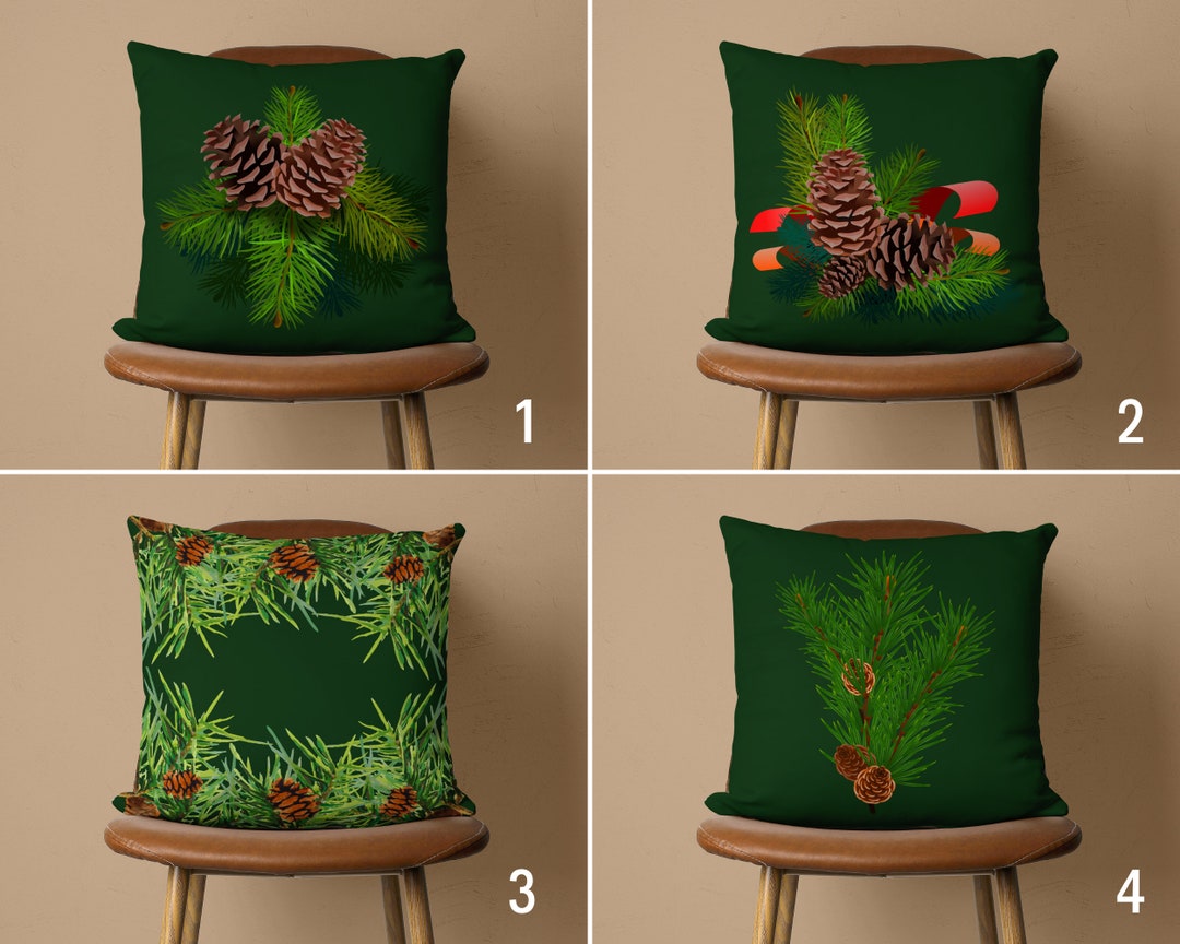 Pine Cone Throw Pillow Cover, Green Winter Tree Cushion Cover ...