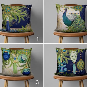 Federa per cuscino dal design pavone blu e verde, fodera per cuscino con ornamenti natalizi, elegante fodera per cuscino di lusso in albero di pino, tutte le dimensioni, solo copertina