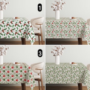 Red Green Floral Winter Tablecloth, Holly Berry & Pine Tree Tablecloth, Christmas Holiday Gift Box and Ornaments Table Decor, Noel Decor