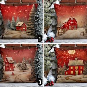 Federa per cuscino Cozy Red Barn & Cottage, federa per cuscino paesaggio invernale innevato, federa per cuscino per le feste di Natale, decorazioni per Capodanno, qualsiasi dimensione