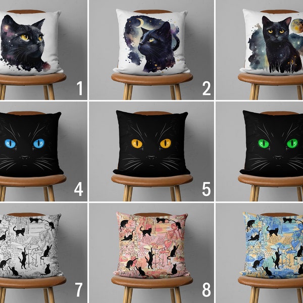 Black Cat Design Throw Pillow Cover, Black Cat Portrait Cushion Cover, Any Custom Size Decorative Pillow Case,Unique Decor, Gift for Cat Mom