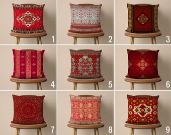 Turkish Rug Print Pillow Case, Ethnic Kilim Design Cushion Cover, Red Burgundy Traditional Carpet Pattern Pillow Cover, Any Size, Only Cover