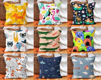Colorful Kids Pillow Cover, Nursery Room Cushion Cover, Playroom Bedding Decor, Cute Animal Pillow Case, Any Size Pillows, Cover Only