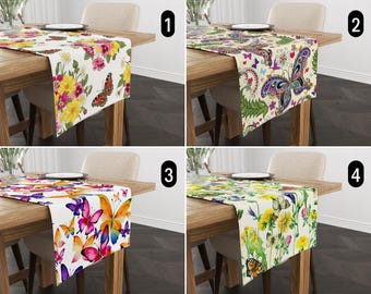 Colorful Butterflies Table Runner, Spring & Summer Flowers Design Table Runner, Boho Chic Elegant Tablecloth, Dining Room Decor, Custom Size