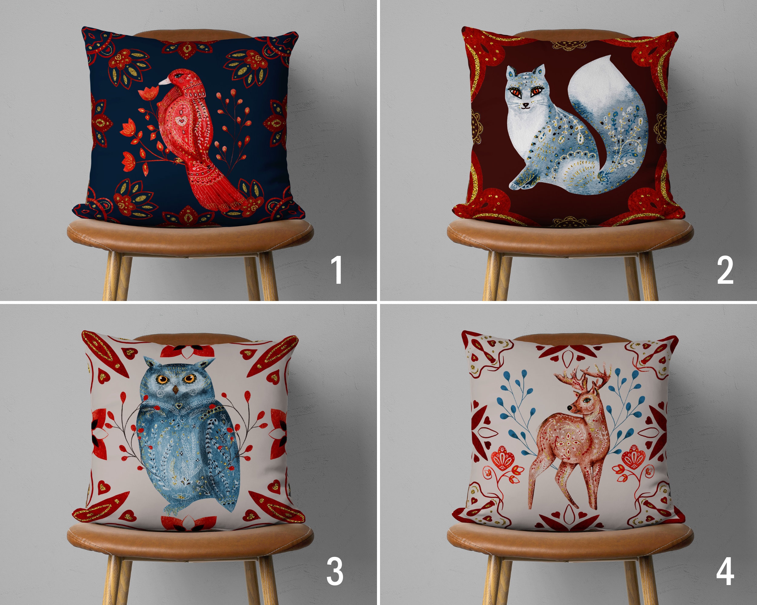 Animal Red Pillow Case, Owl & Deer Cushion Cover, Fox Throw Pillow Case, Bohemian Decor, Any Siz
