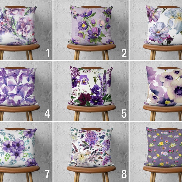 Purple Flowers Pillow Case, Floral Spring Pillow Cover, Lilac Color Summer Cushion Cover, Personalized Pillow, Living Room Decor, 20x20