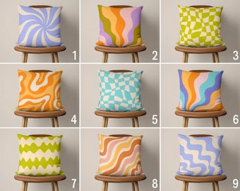 Colorful Groovy Design Pillow Cover, Mid Century Modern Pillow Cover, Pastel Color Retro Cushion Cover, Abstract Decor, Any Size, Only Cover