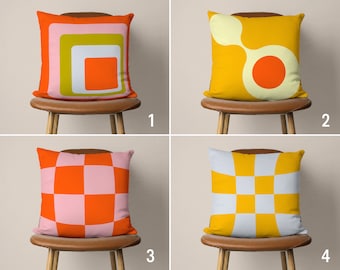 Retro Pattern Pillow Cover, Yellow & Orange Geometric Pillow Case, Abstract Cushion Cover, Mid Century Modern, Living Room Decor