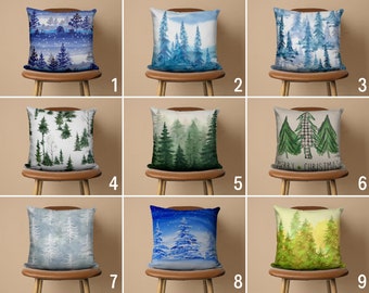 Blue & Green Pine Forest Pillow Cover, Pine Trees Cushion Cover, Winter Woods Pillow Case, Christmas Textile, Living Room Decor, Xmas Gift