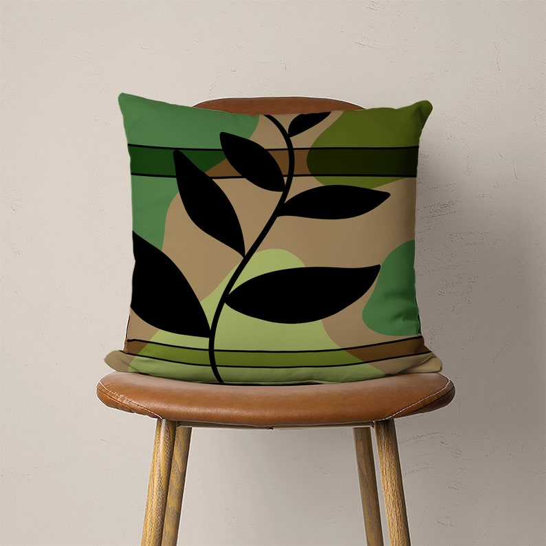 Boho Leaves Pillow Covers, Abstract Modern Pillow Case, Green & Black Bohemian Cushion Cover, Handmade Any Size Pillow, 20x20, 14x14, 18x18 3