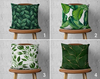 Green Leaves Pillow Cover, Tropical Tree Cushion Cover, Boho Throw Pillow Case, Leafy Pattern Decor, Any Size Pillow, Cover Only, 24x24