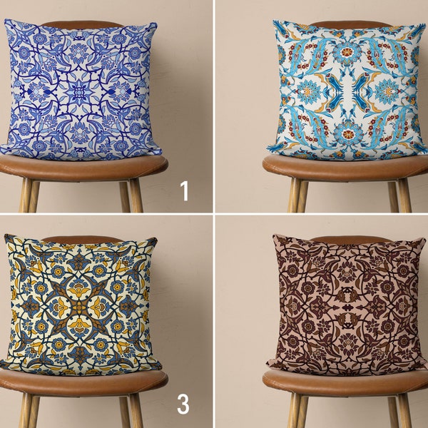 Ancient Turkish Motif Pillow Cover, Ottoman Pillow Cover, Blue & Brown Mosaic Cushion Cover, Any Size Pillow, 18x18, 20x20, Cover Only