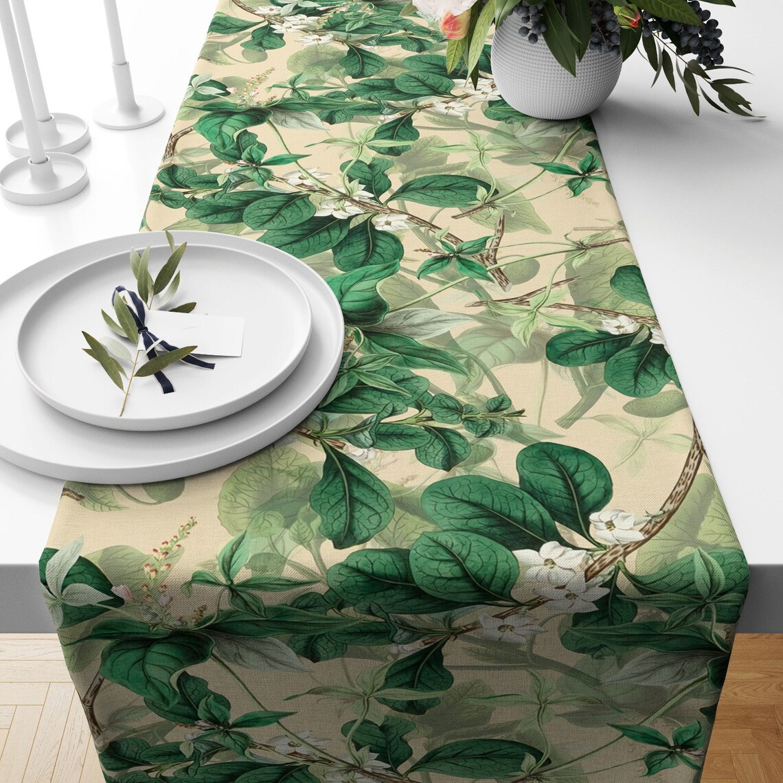 Green Leaves Table Runner Exotic Plant Leaf Kitchen Runner Etsy