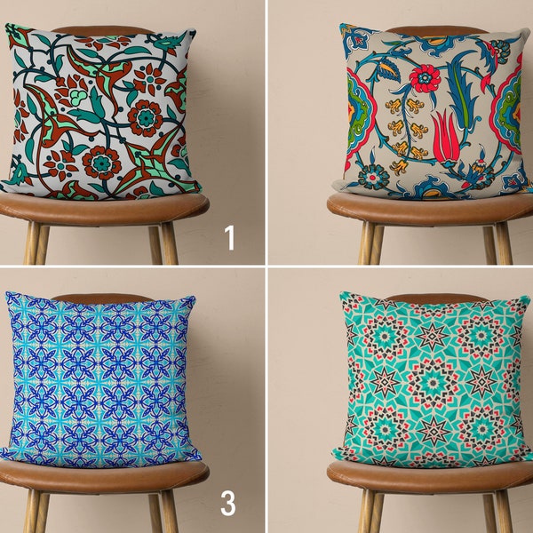 Ethnic Ottoman Pattern Pillow Cover, Turkish Tile Motifs Cushion Cover, Tulip Pillow Case, Any Size Pillow, Decorative Pillows, 24x24 14x14