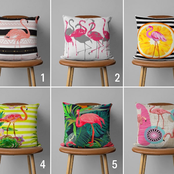 Pink Flamingo Pillow Case, Striped Cushion Cover, Animal Pillow Cover, Any Size Pillow, Tropical Decoration, Design Options, 20x20, 24x24