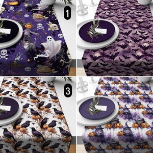 Runner da tavolo viola Halloween corvo fantasma pipistrello zucca teschio, runner da tavolo spettrale Jack-O'-Lantern, decorazioni da tavolo di Halloween, decorazioni autunnali
