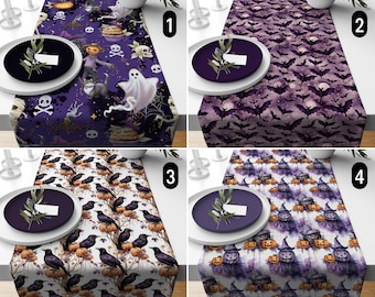 Chemin de table violet Halloween corbeau fantôme chauve-souris citrouille crâne, chemin de table fantasmagorique jack-o'-lantern, déco de table Halloween, déco automne automne