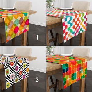 May include: Four different table runners with geometric patterns. The table runners are in various colours, including red, orange, yellow, green, blue, and white. The table runners are shown on wooden tables with a white background.