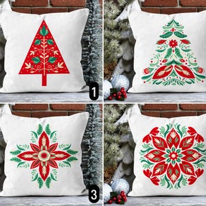 Federa per cuscino natalizio scandinavo, federa per cuscino con albero di pino e fiori per le vacanze invernali nordiche, federa per cuscino con arte popolare rosso-verde, 20x20
